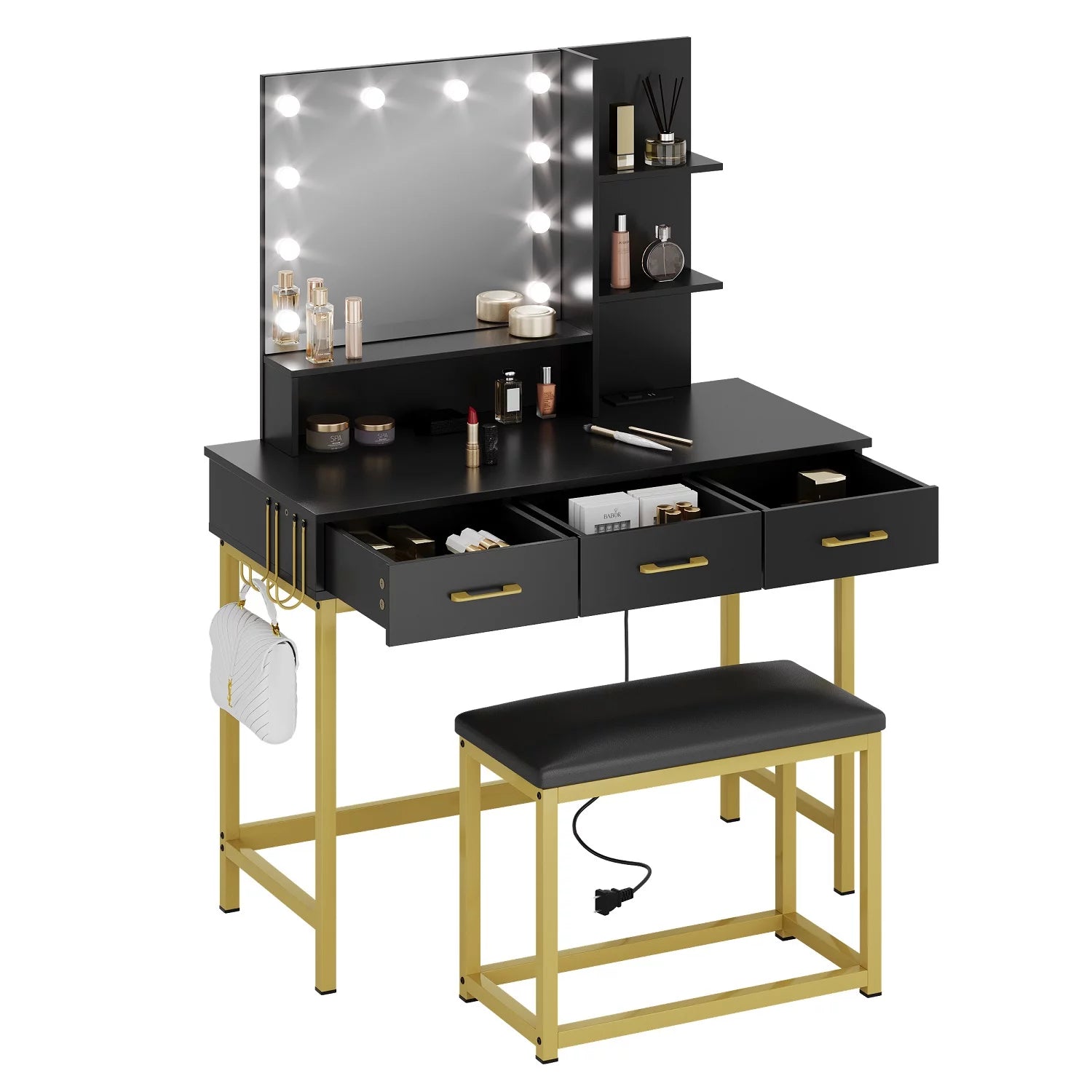 Vanity Set with Lighted Mirror & Power Outlet, Makeup Table with Drawers & Cushioned Stool for Bedroom in in Black