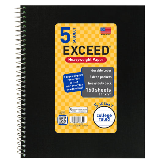 160 Count 5 Subject Black  Notebook, 11" X 9", College Ruled