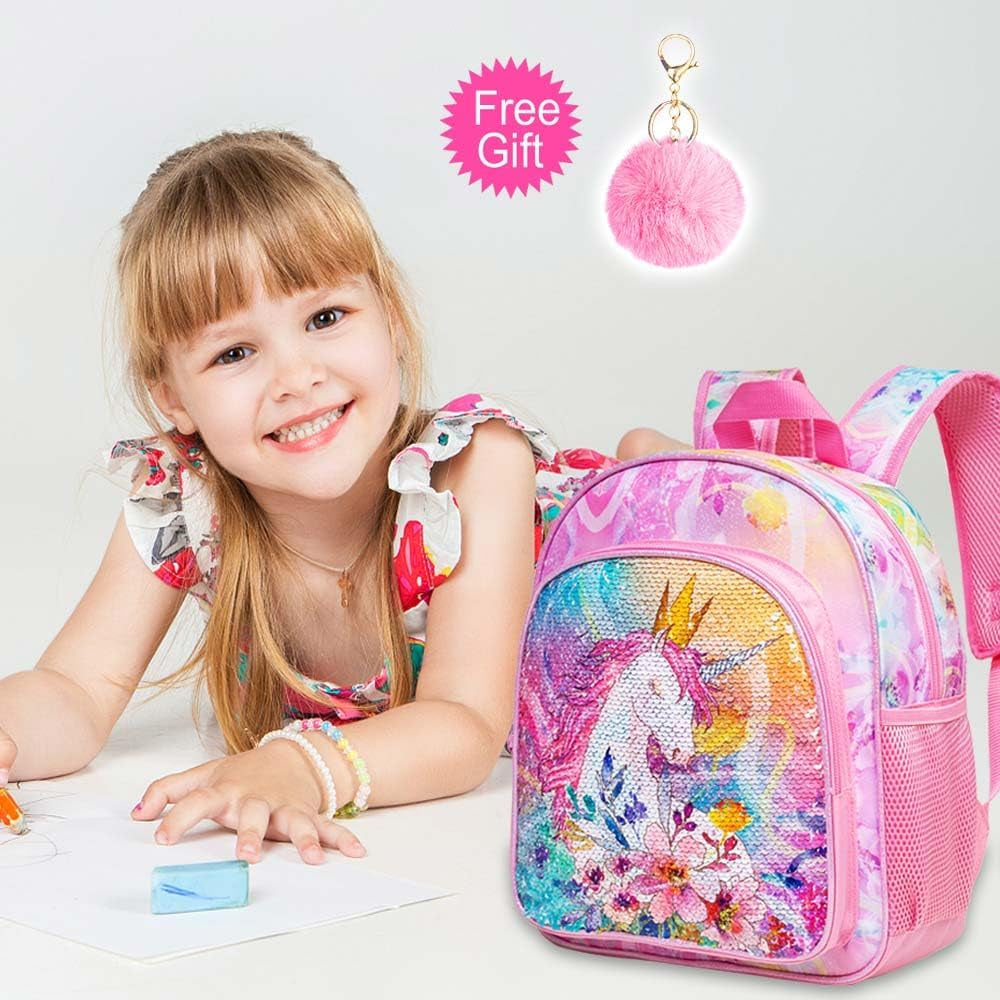 Toddler Backpack for Girls, 12" Cute Unicorn Sequin Preschool Bookbag, Kindergarden School Bag for Little Kids