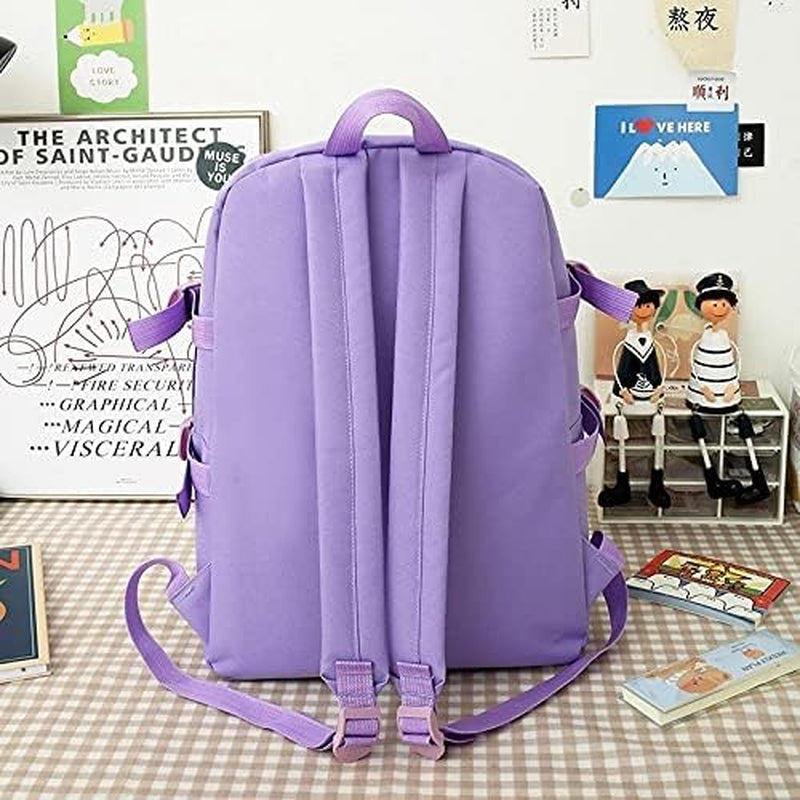 Kawaii Girls School Backpack with Pins and Small Plush Toys Cute Girls School Bag(Pink)