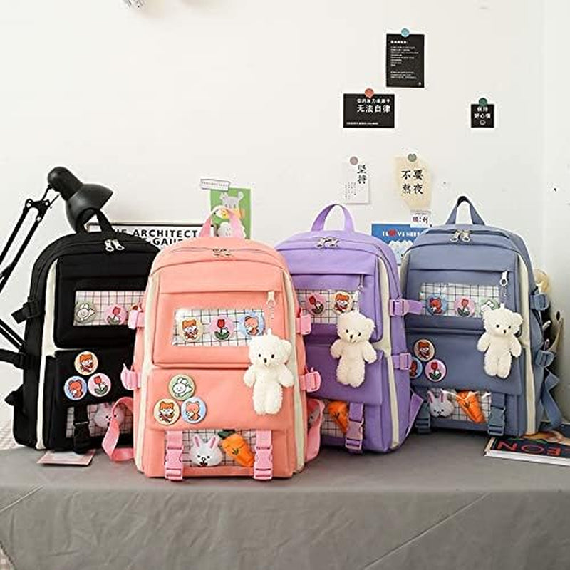 Kawaii Girls School Backpack with Pins and Small Plush Toys Cute Girls School Bag(Pink)