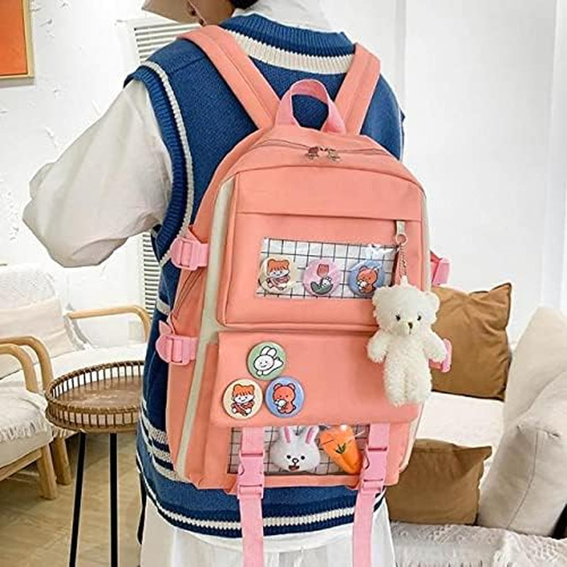 Kawaii Girls School Backpack with Pins and Small Plush Toys Cute Girls School Bag(Pink)