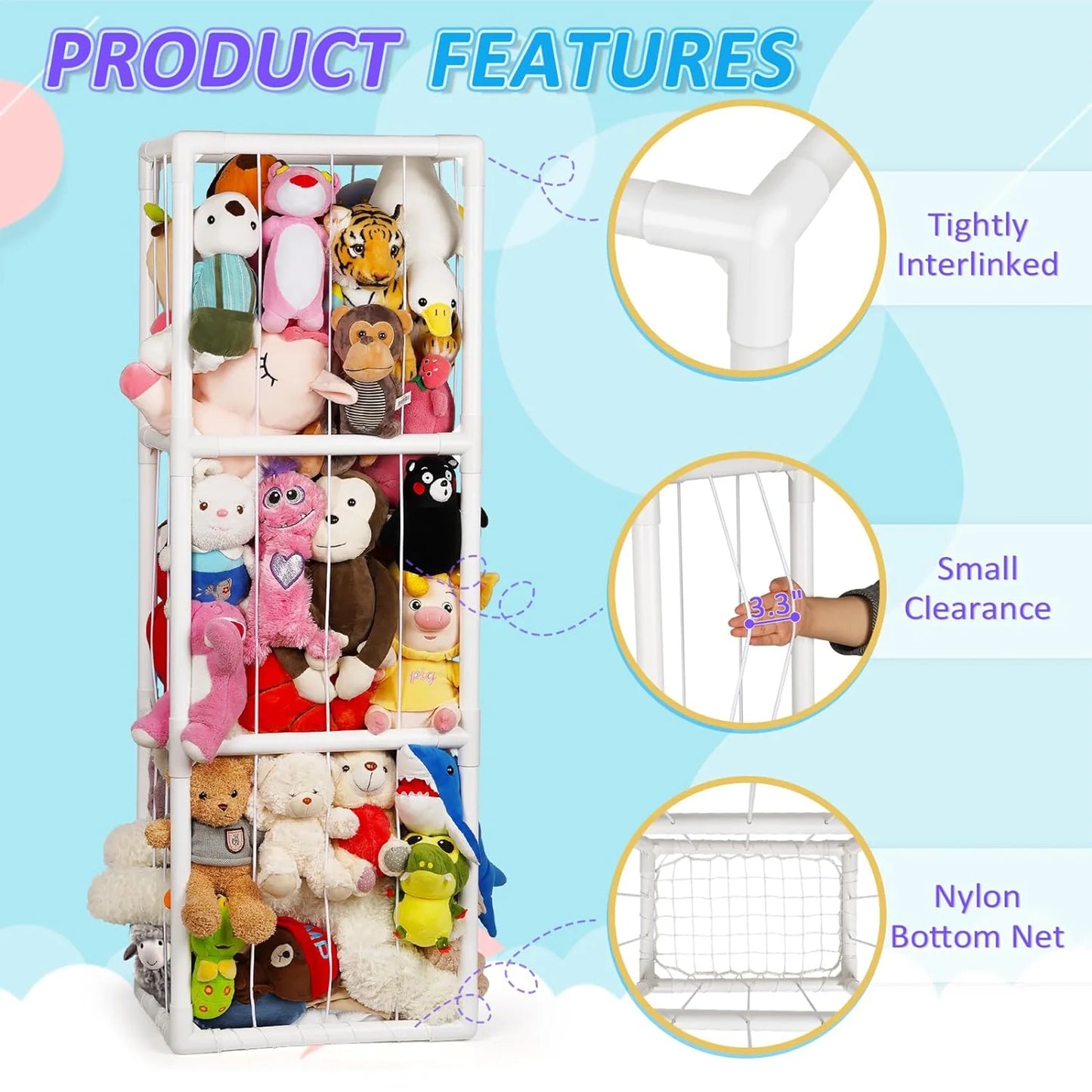 Stuffed Animal Storage Holder, Toy Organizer, PVC Plush Storage Organizer Shelf for Kids Play Room Bedroom, White