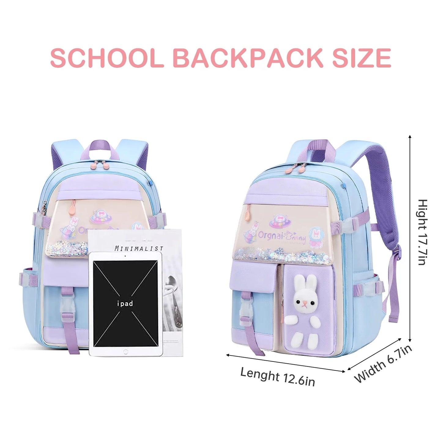 Kids Backpacks for Girls Bunny Elementary School Backpack Cute Preschool Girls Backpack Laptop Bag Kindergarten School Bookbag, Blue