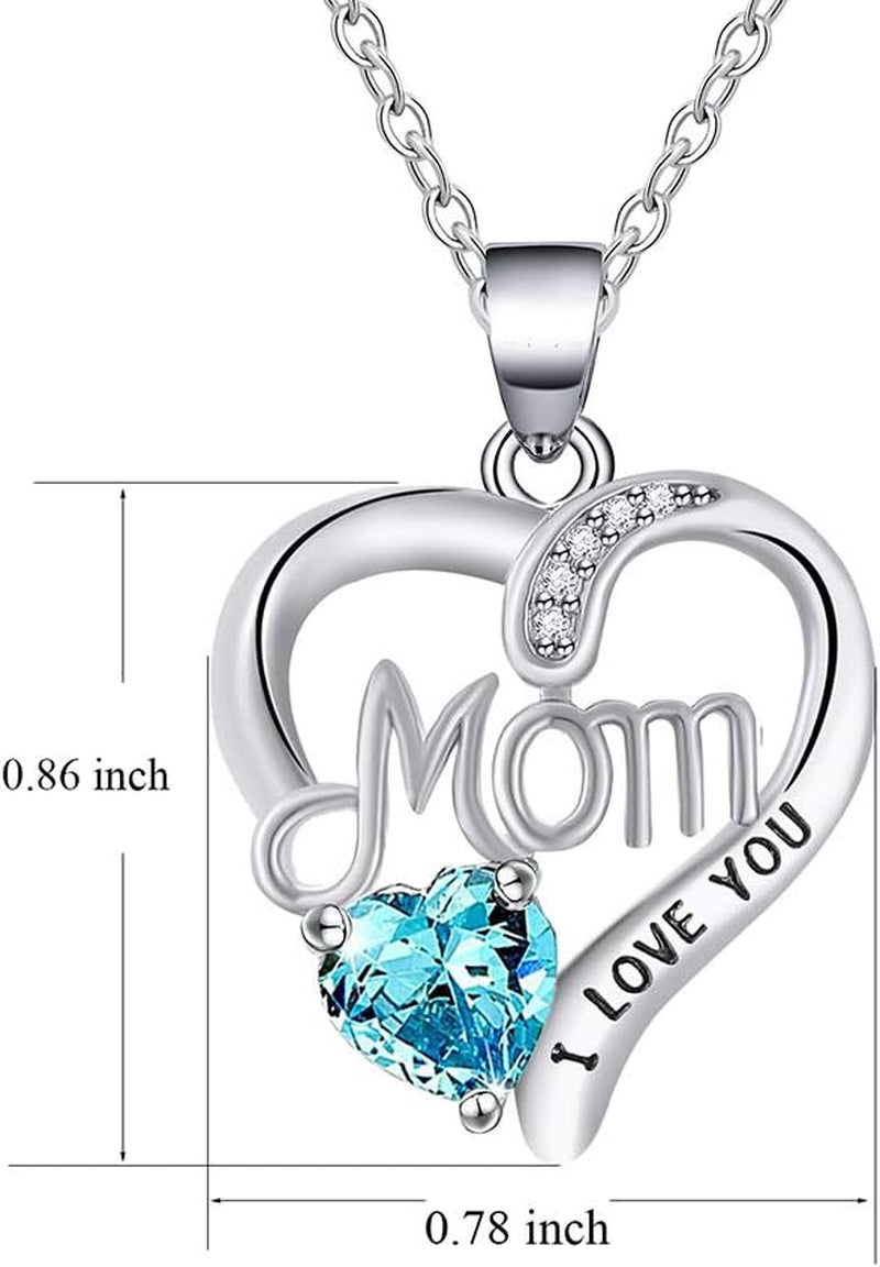 I LOVE YOU Mom Birth Stones Necklace, Silver Love Heart Pendant Necklace for Mom, Necklace Gift for Mother with 18''+2'' Chain