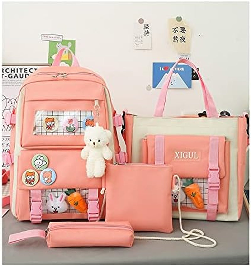 Kawaii Girls School Backpack with Pins and Small Plush Toys Cute Girls School Bag(Pink)