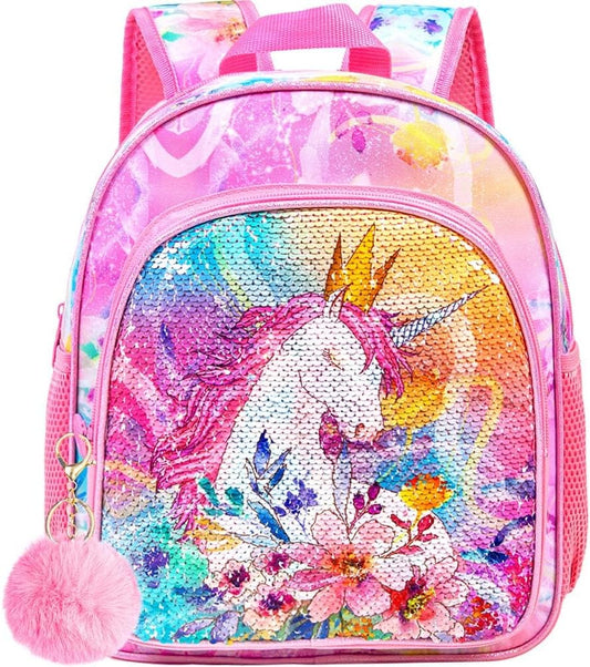 Toddler Backpack for Girls, 12" Cute Unicorn Sequin Preschool Bookbag, Kindergarden School Bag for Little Kids