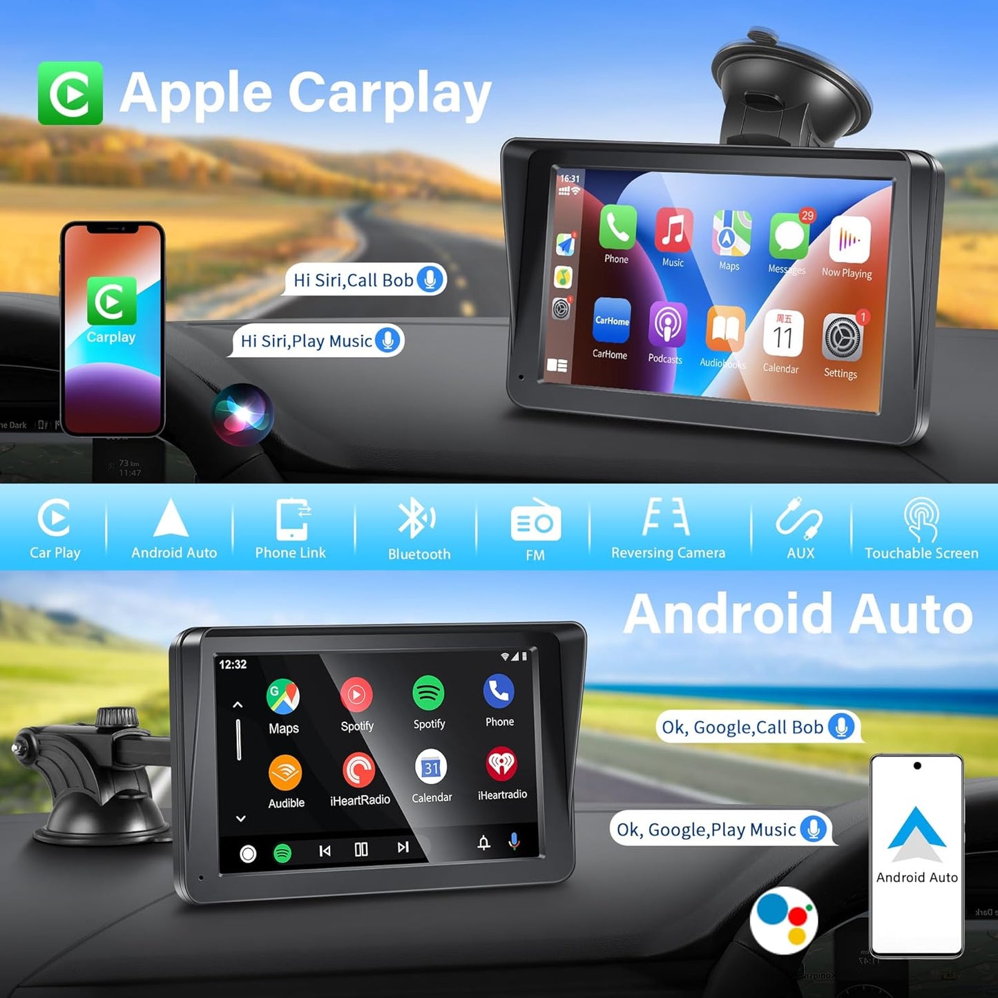 Apple Carplay Portable Car Stereo and Android Auto,Carplay Screen for Car Radio with Bluetooth Handsfree, 7'' Touch Screen with Phone Link/Fm/Aux…