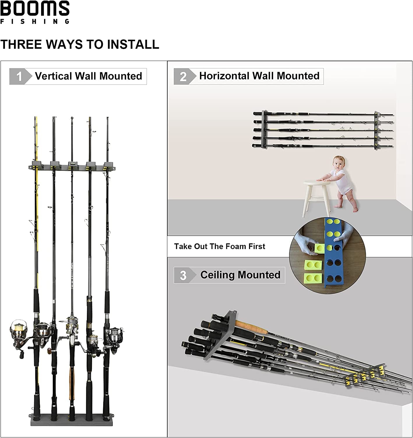 WV4 Fishing Pole Holder, Wall Mounted Fishing Rod Holders for Garage, Vertical/Horizontal/Ceiling Fishing Pole Rack,Store up to 10 Rods to save Your Space, 4 Colors Available