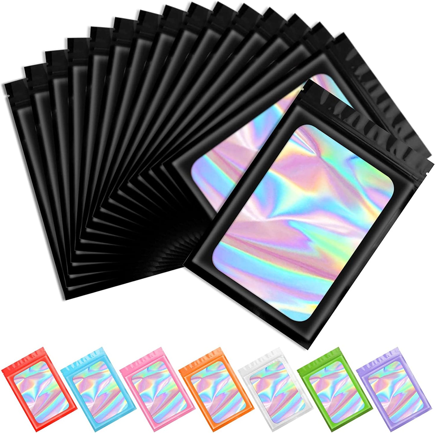 100 Pcs Black Mylar Holographic Bags Packaging Bags,Clear Resealable Smell Proof Bags Foil Pouch Zipper Bags for Food Storage,Lipgloss,Jewelry,Eyelash Packaging for Small Business(5.1X8.3In)