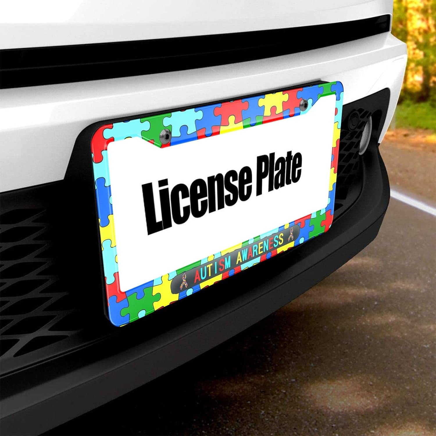 Autism Awareness License Plate Frame Colorful Puzzle Ribbons Metal License Plate Cover Front Plates Frames Car Tag Frame for Women Men US Vehicles Standard