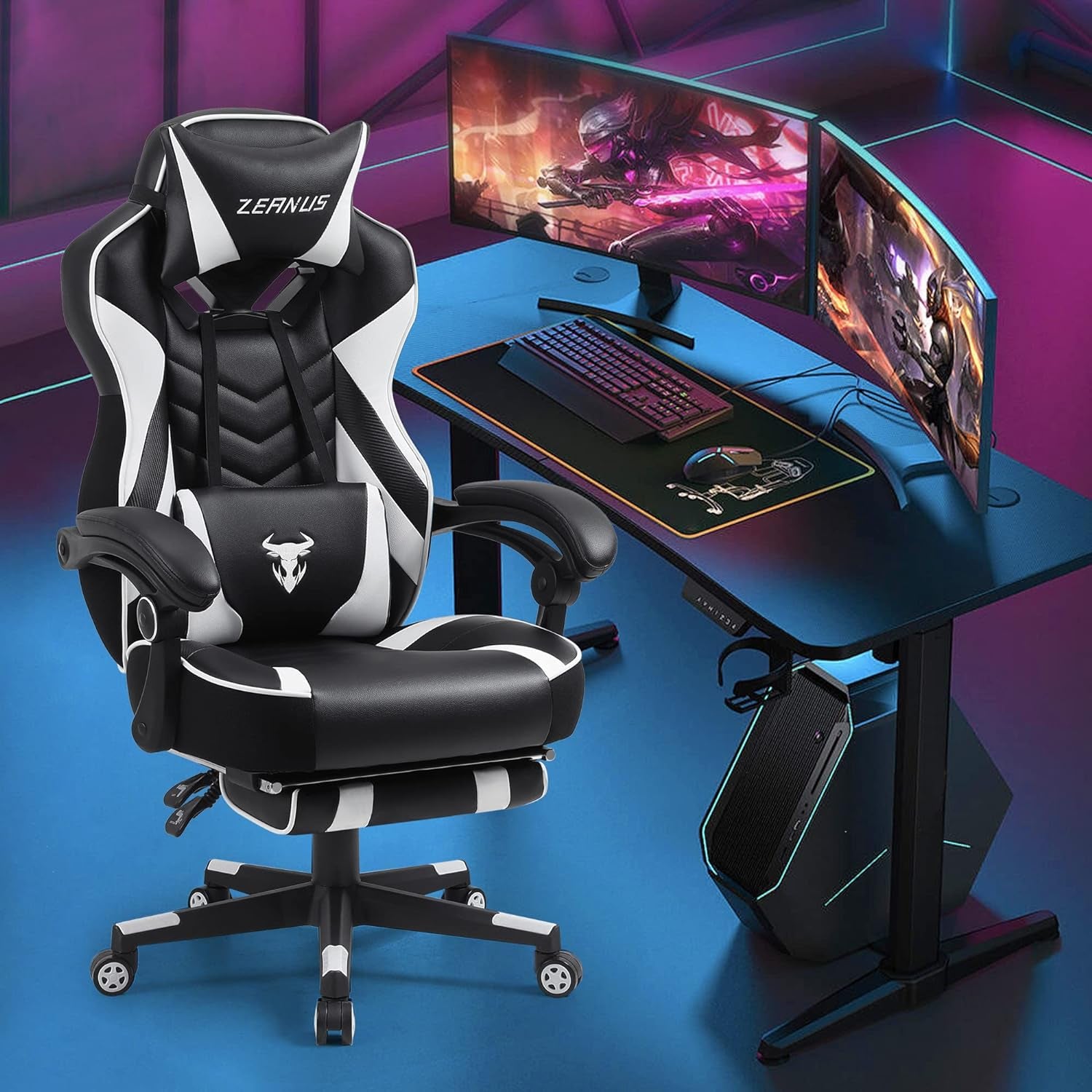 Ergonomic Gaming Chair with Footrest Recliner Computer Chair with Massage High Back Office Gamer Chair Big and Tall Racing Game Chair for Adults Chair for Gaming White/Black