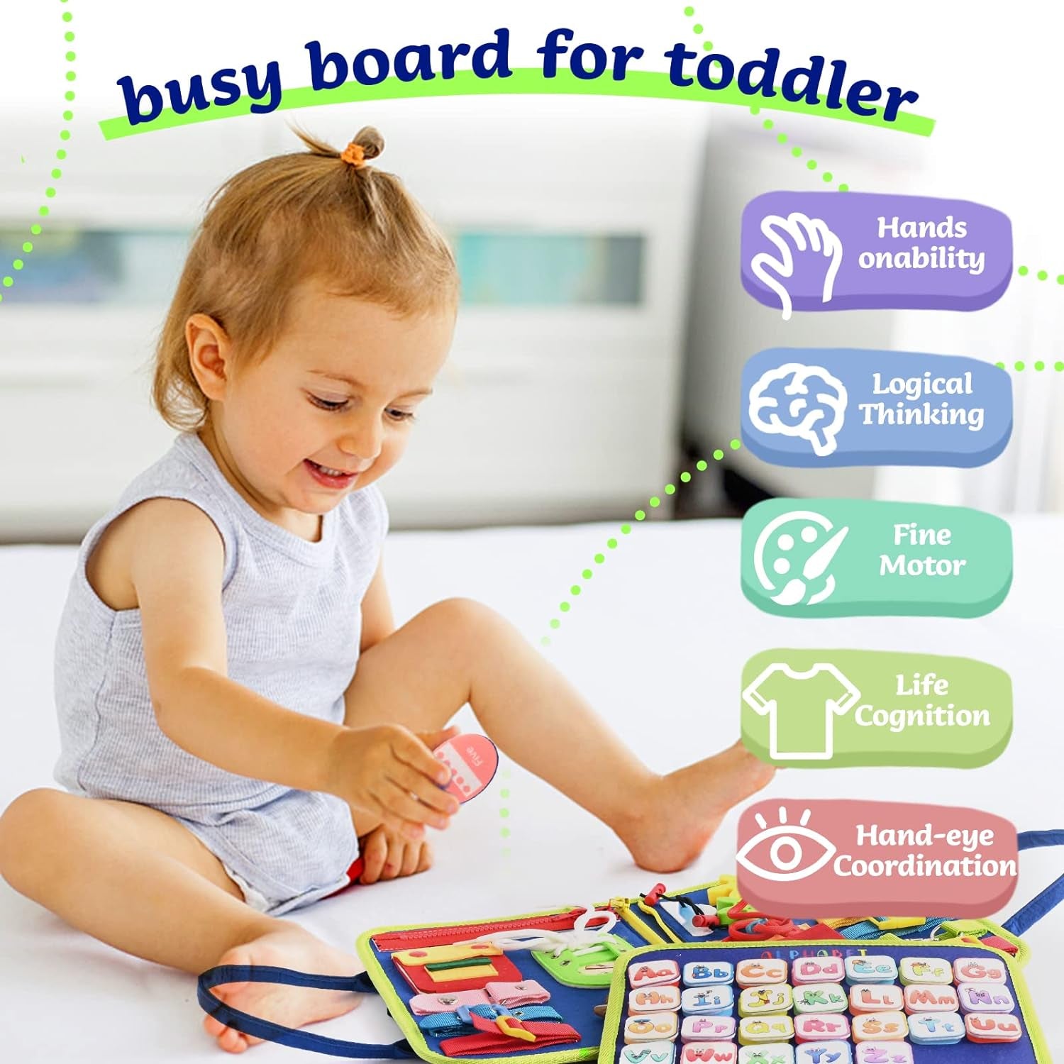 Busy Board Montessori Toys for 3 4 5 Year Old, Toddler Toys, Sensory Toys Preschool Learning Toys Gifts for Toddlers, Autism Toys, Educational Travel Toy for Fine Motor Skills