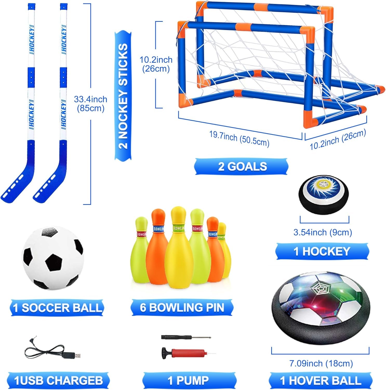 Hover Soccer Ball for Kids, 4-In-1 Hover Hockey Bowling Set, Indoor and Outdoor Sports Toys for Kids Ages 3 4 5 6 7 8-12 - Rechargeable LED Soccer Games Toys for 3-12 Year Old Boys