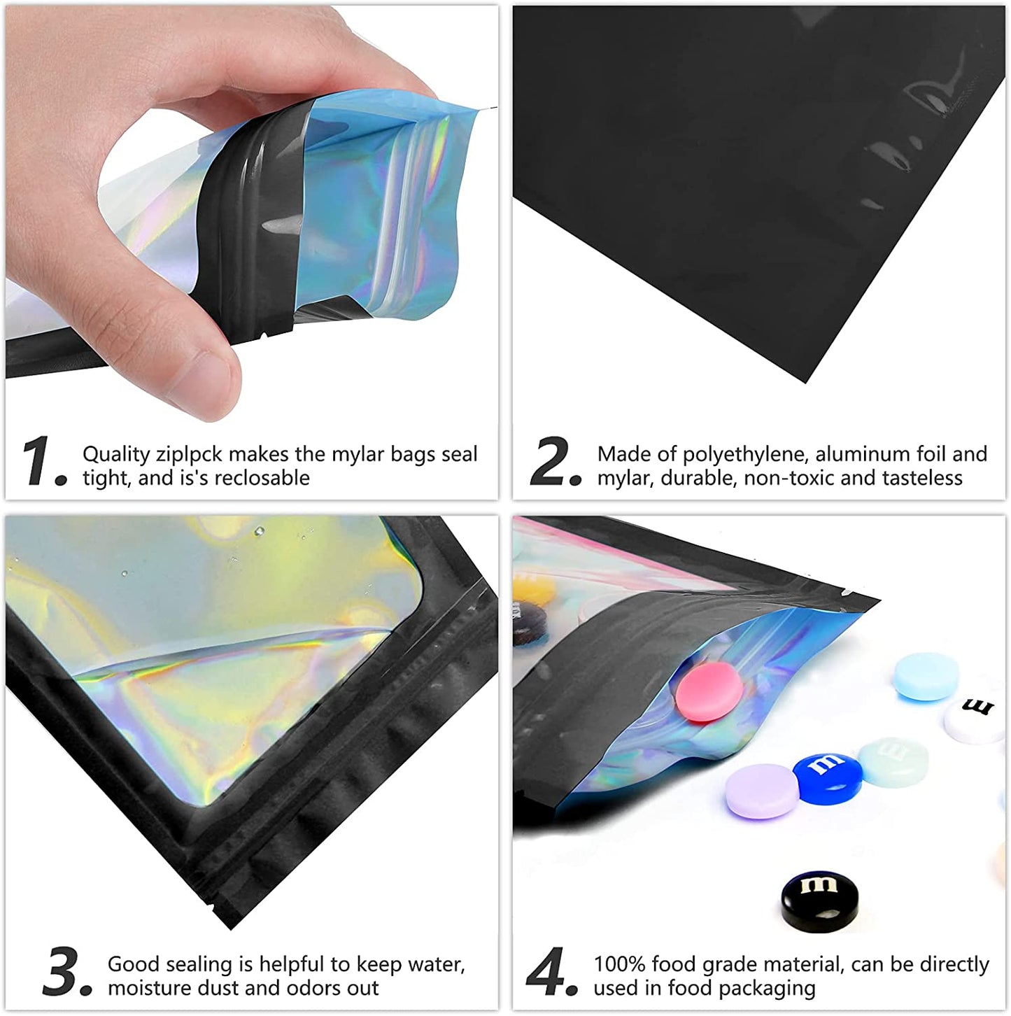 100 Pcs Black Mylar Holographic Bags Packaging Bags,Clear Resealable Smell Proof Bags Foil Pouch Zipper Bags for Food Storage,Lipgloss,Jewelry,Eyelash Packaging for Small Business(5.1X8.3In)