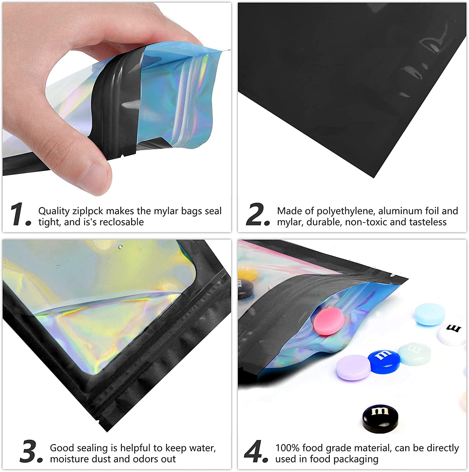 100 Pcs Black Mylar Holographic Bags Packaging Bags,Clear Resealable Smell Proof Bags Foil Pouch Zipper Bags for Food Storage,Lipgloss,Jewelry,Eyelash Packaging for Small Business(5.1X8.3In)