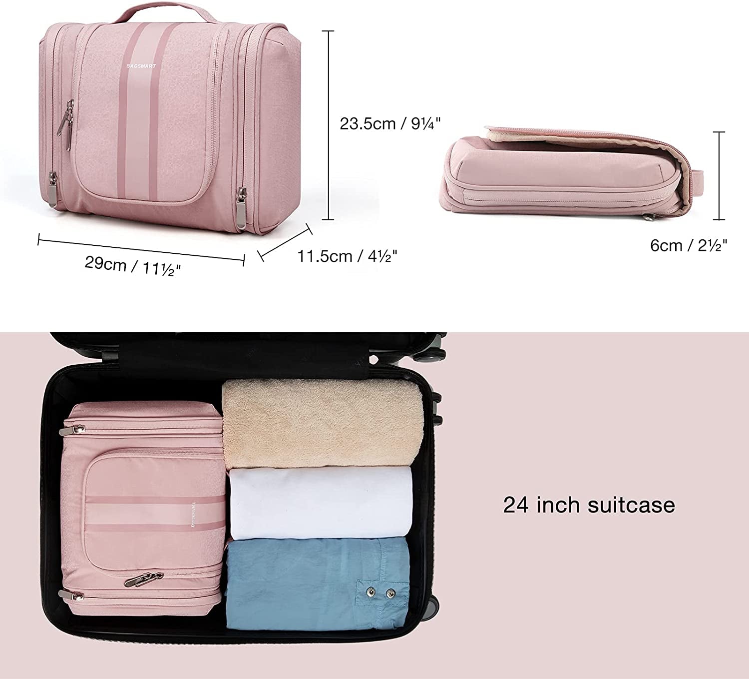 Toiletry Bag for Women, Travel Toiletry Organizer with Hanging Hook, Water-Resistant Cosmetic Makeup Bag Travel Organizer for Shampoo, Full-Size Container, Toiletries, Pink-Medium