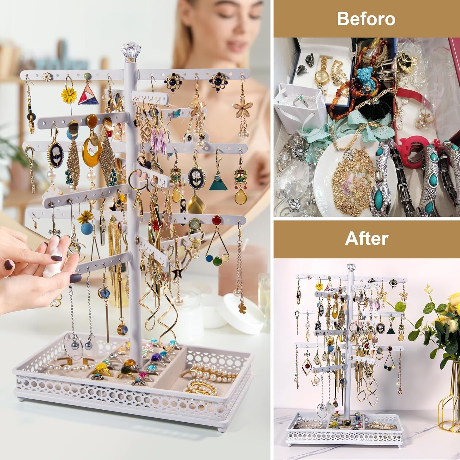 Rotating Earring Organizer Display Stands, Jewelry Organizer Display for Earring, Necklaces, Rings, Bracelets, Large Capacity Earring Storage Display for Store, Showcase, Tradeshow and Home (White)