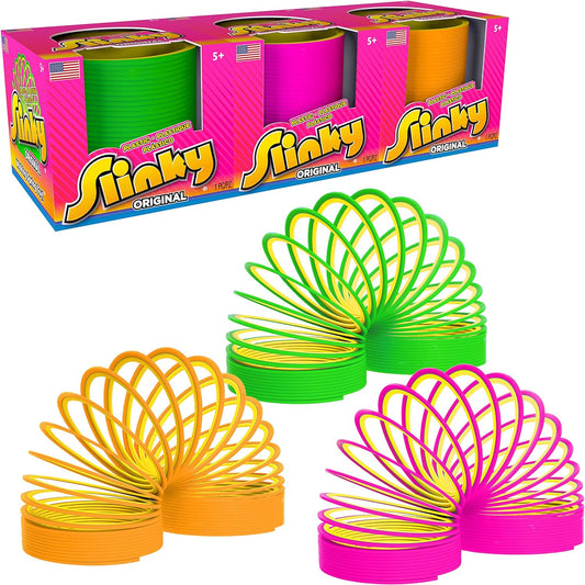 Slinky the Original Walking Spring Toy, Plastic Slinky 3-Pack, Multi-Color Neon Spring Toys, Kids Toys for Ages 5 up by