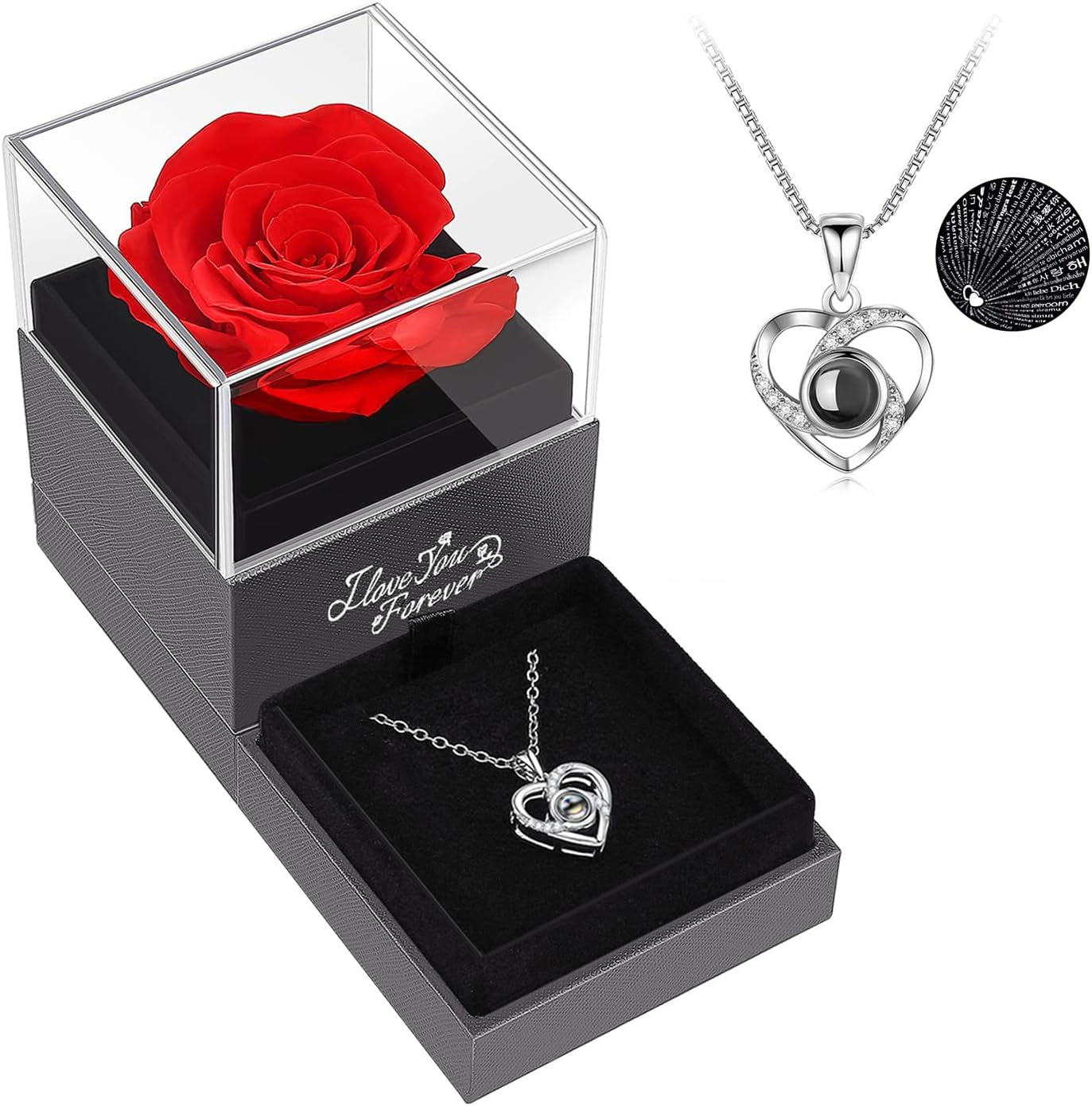 Preserved Real Red Rose with I Love You Necklace -Eternal Flowers Rose Gifts for Mom Wife Girlfriend, Valentines Day Gifts for Her, Mothers Day Christmas Anniversary Birthday Gifts for Women