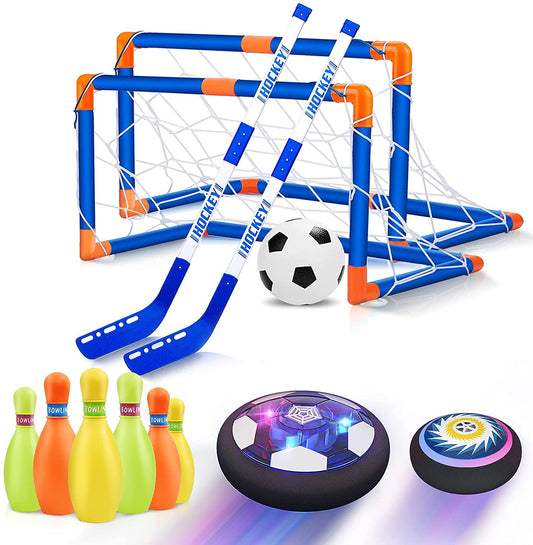 Hover Soccer Ball for Kids, 4-In-1 Hover Hockey Bowling Set, Indoor and Outdoor Sports Toys for Kids Ages 3 4 5 6 7 8-12 - Rechargeable LED Soccer Games Toys for 3-12 Year Old Boys