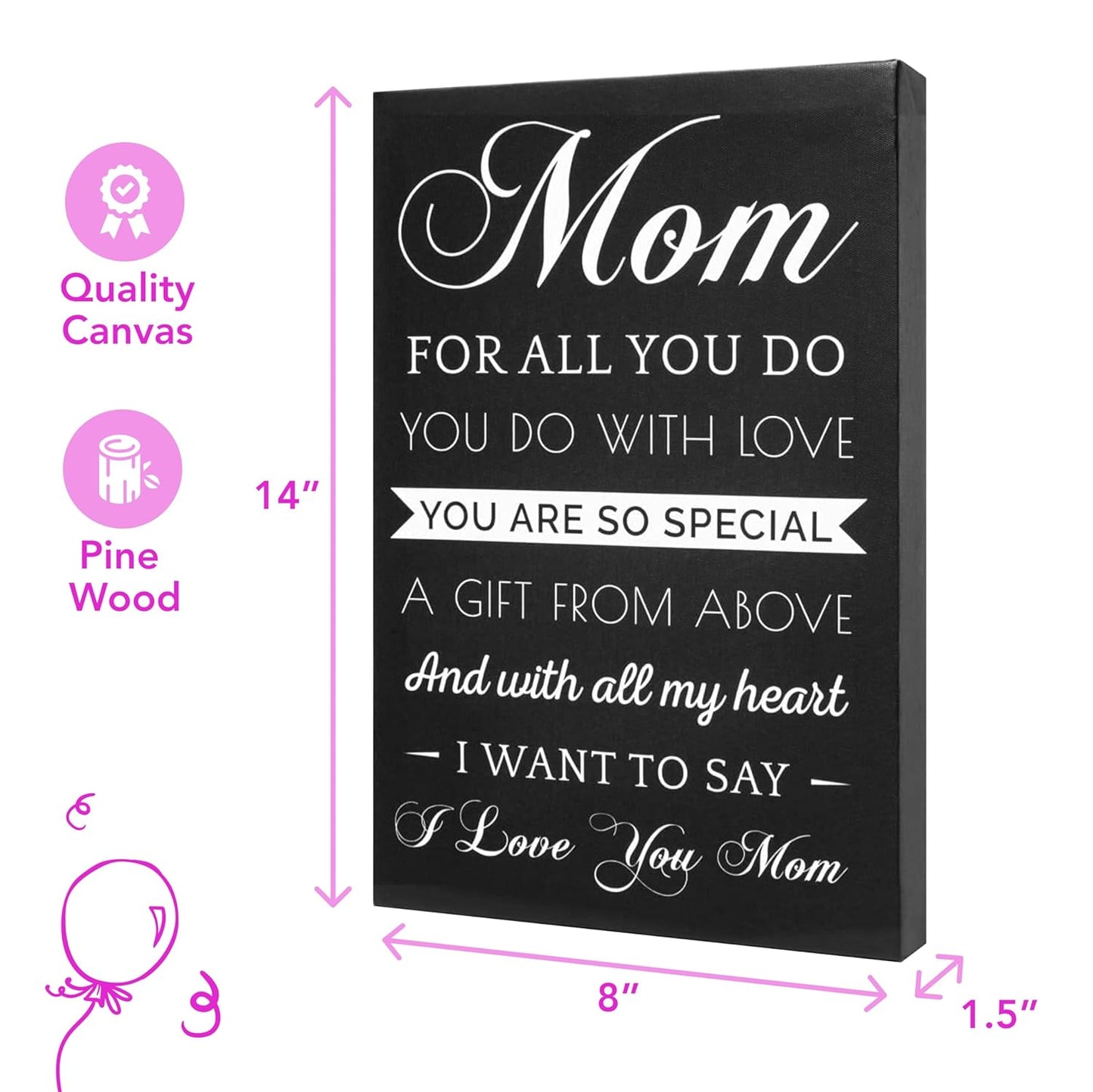 Canvas Wall Art Mom Gifts - Unique Hangable Home Decor - Perfect Birthday & Christmas Gifts from Daughter - Ideal Gifts for Women,Mom from Daughter - Hangable Home Decor - 14X8X1.5In (Black/Canvas)