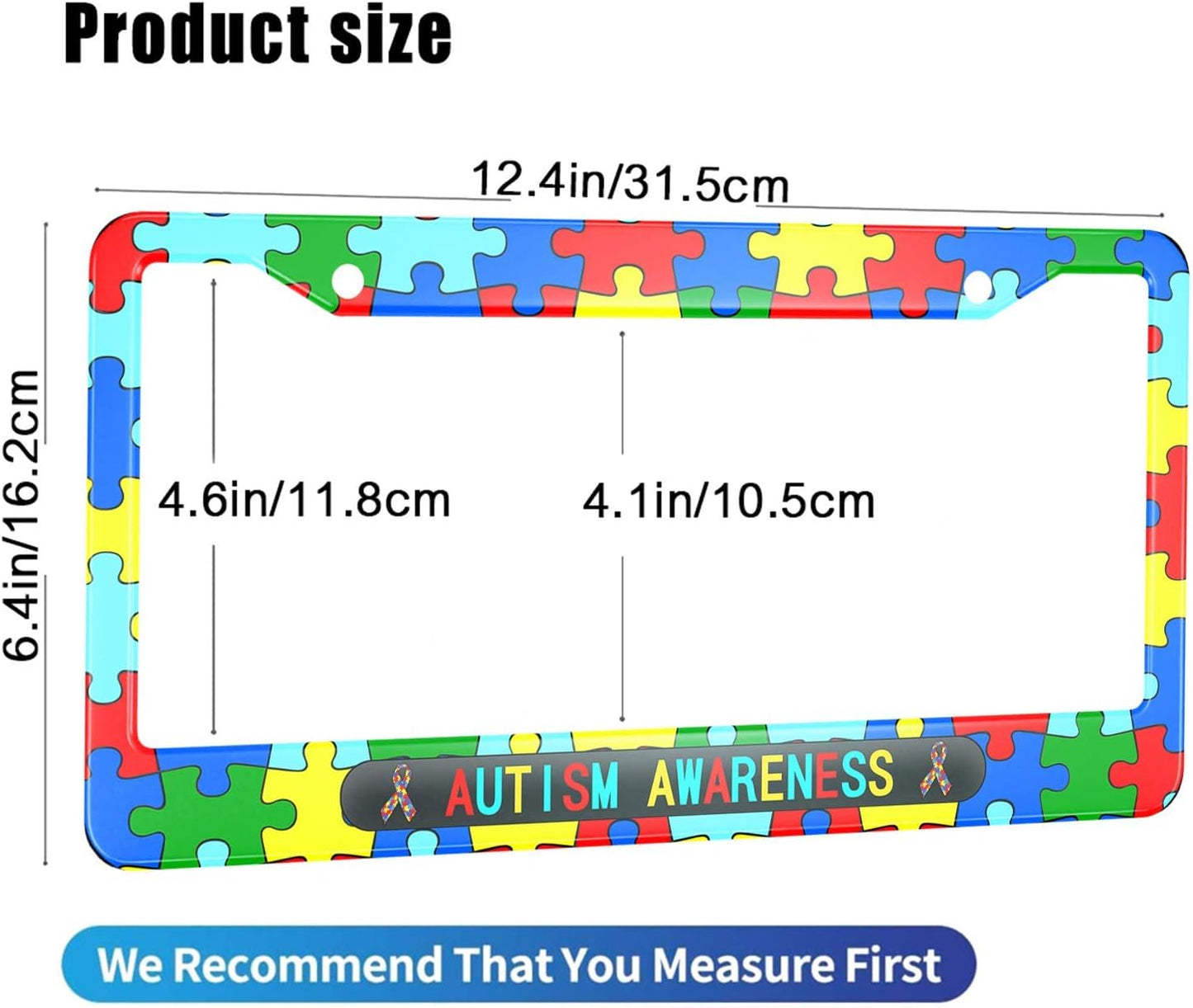 Autism Awareness License Plate Frame Colorful Puzzle Ribbons Metal License Plate Cover Front Plates Frames Car Tag Frame for Women Men US Vehicles Standard